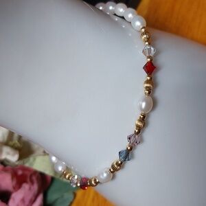 Genuine Freshwater Pearl Dainty Bracelet Glass Accent Beads Red